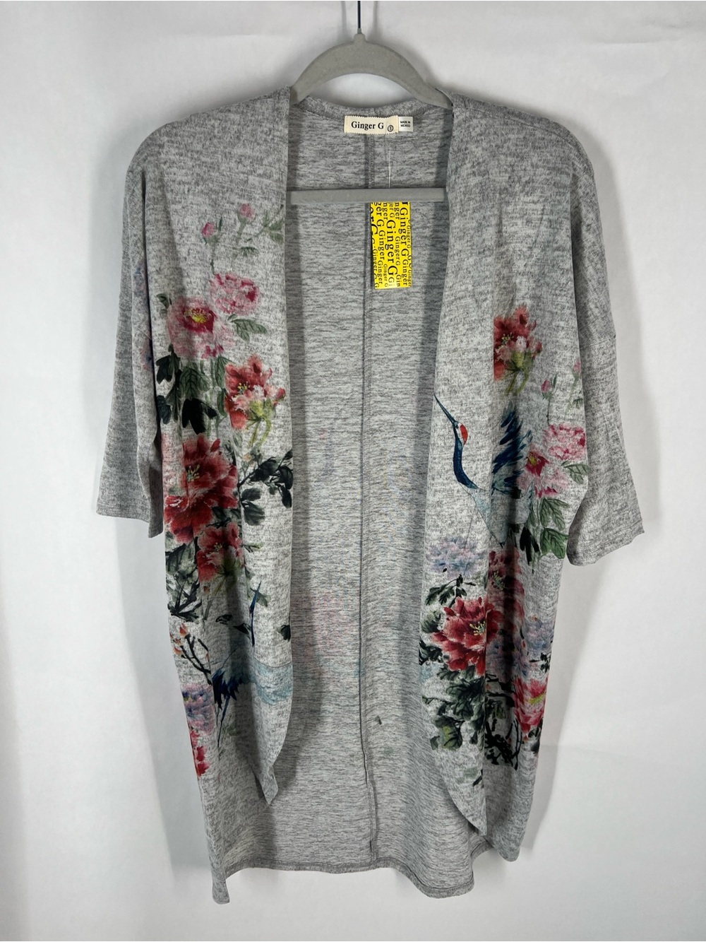 Ginger G Floral Crane Print Soft Knit Open Front Cardigan Size S